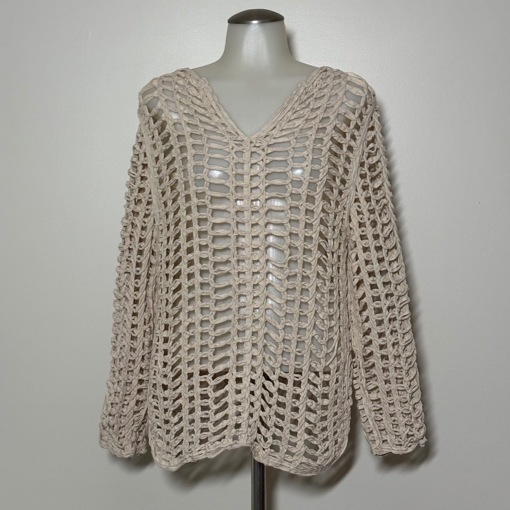 Versona Open Knit Crochet Sweater Womens Small Beige V-Neck Boho Good